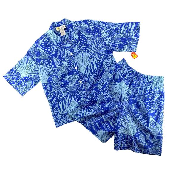 Vtg NOS 80s 90s Two Potato Resort Wear Button Down Shirt + Shorts Set S Blue - Picture 1 of 9
